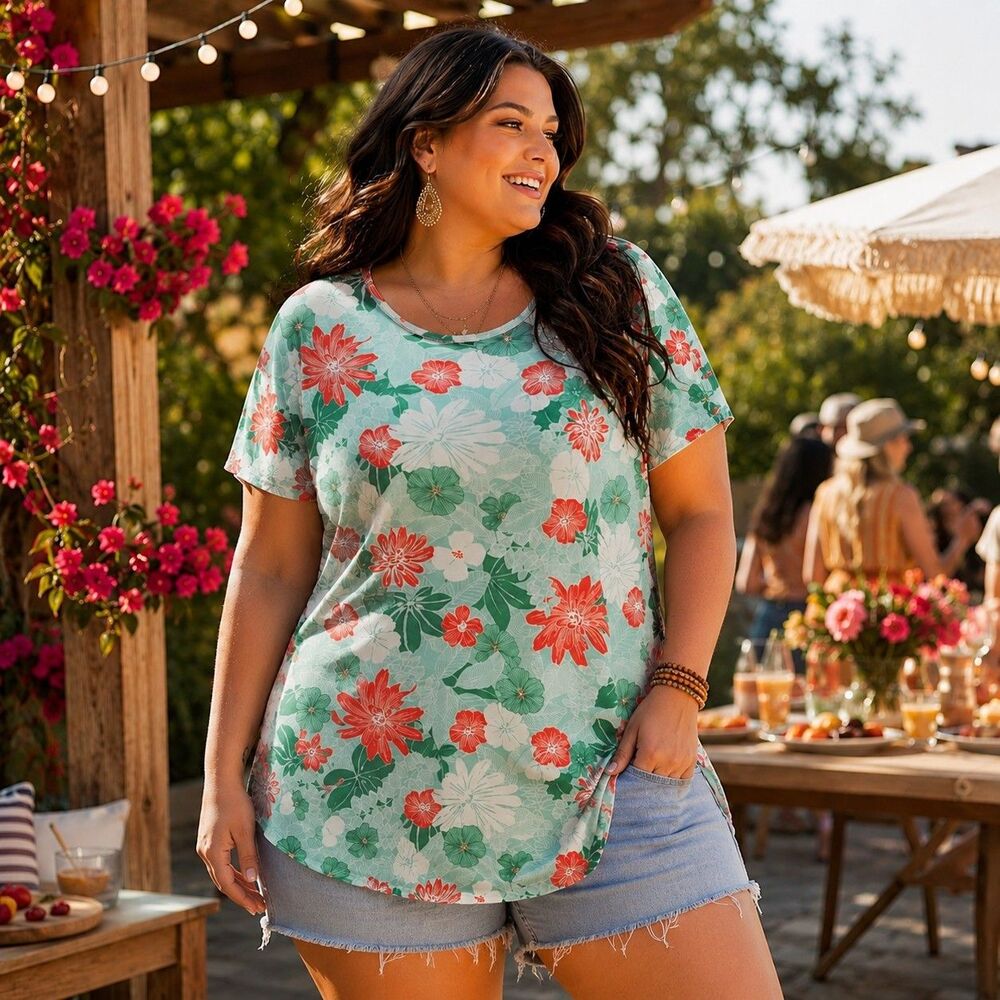 Lands' End Plus 2X Floral Short Sleeve Long Tee Shirt Tunic 100% Cotton Stretch